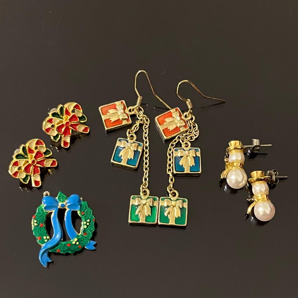Christmas Holiday Season Earrings Bundle Of Three Sets With Wreath Brooch Pin